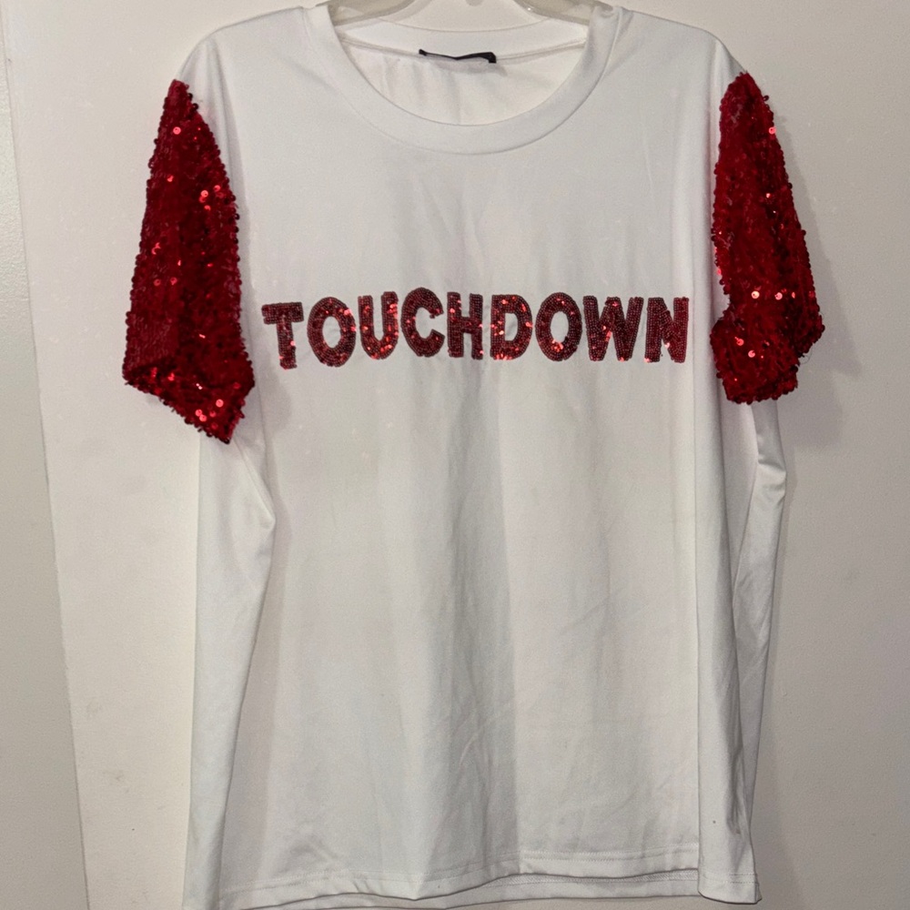 t/o White Tee with Red Sequin 'TOUCHDOWN' and Sequin Sleeves
